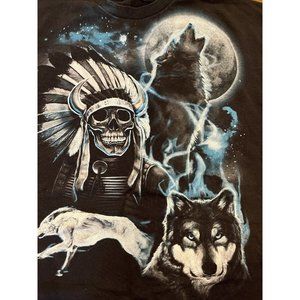 Vintage Wolf Howling At The Moon Indian Warrior Skeleton Shirt Sz 2XL ?